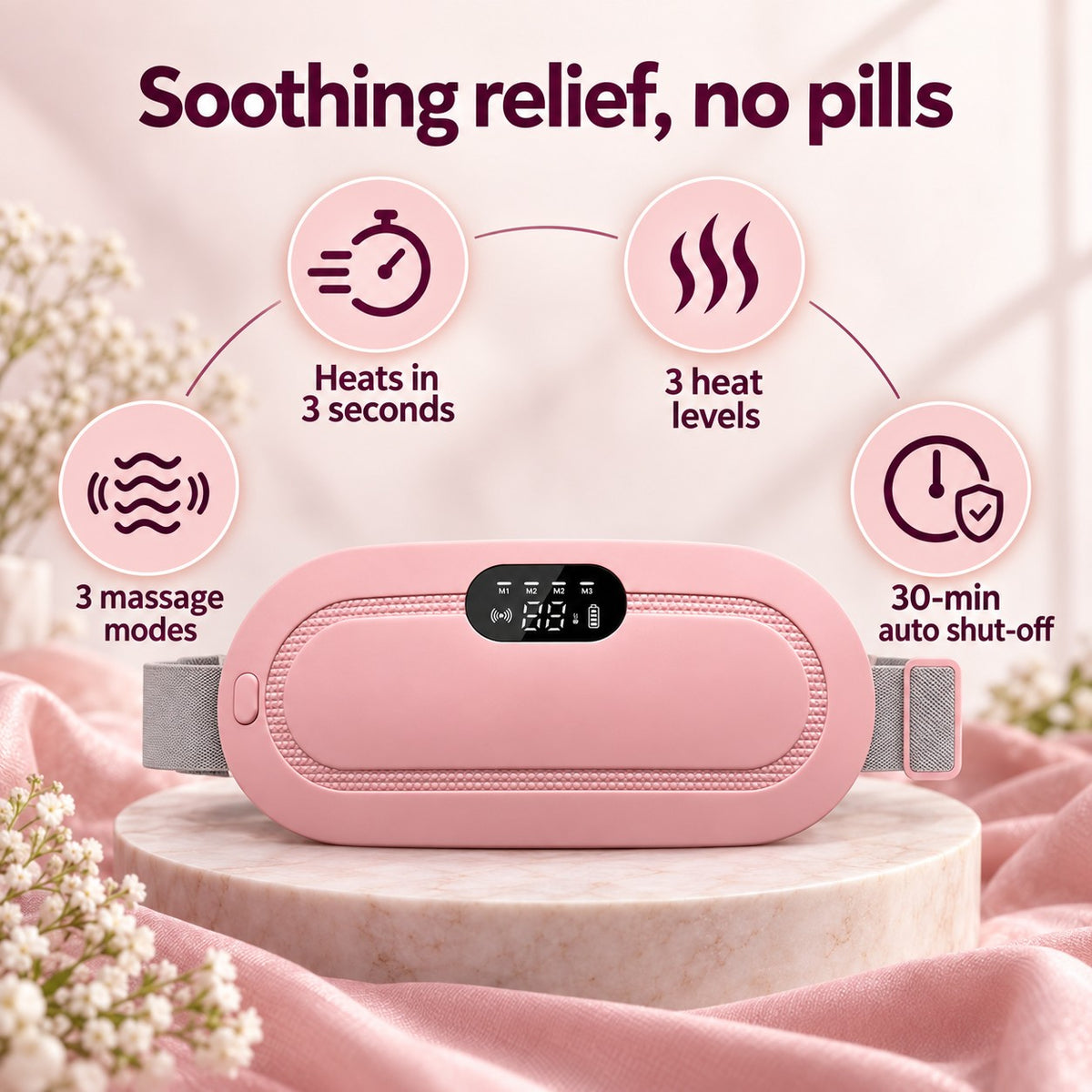 Heats in 3 seconds, 3 heat levels, 3 massage modes, 30-min auto shut-off