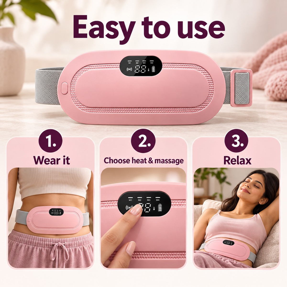 How to use: wear it, choose heat and massage, relax